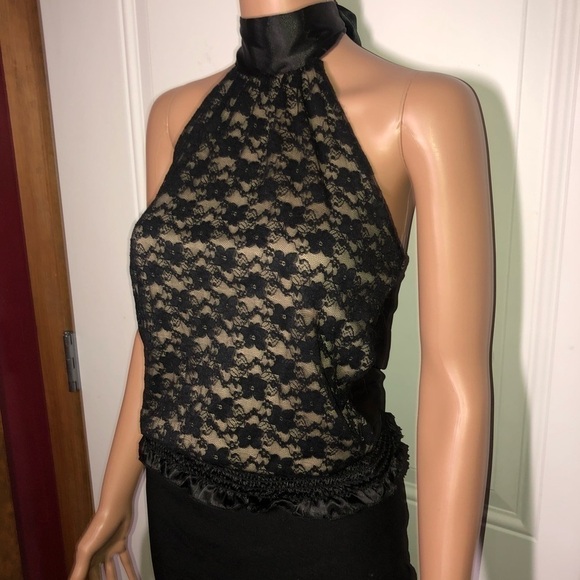 Bongo black lace overlay halter top with black satiny scarf ribbon Medium - Picture 3 of 9